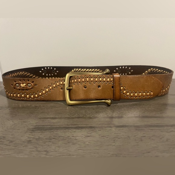 Linea Pelle Accessories - Linea Pelle Leather Studded Belt - Brown / Bronze w/ Gold Buckle - Size Medium
